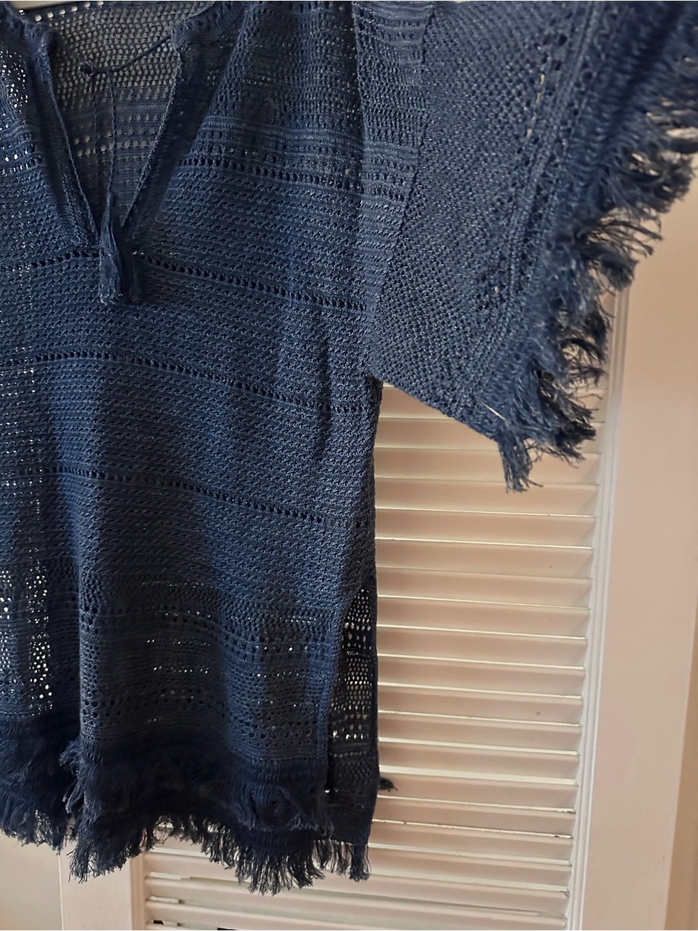 Polo Ralph Lauren Navy Crochet Fringe Beach Cover-Up Tunic, 100% Linen, Size M - Picture 3 of 7